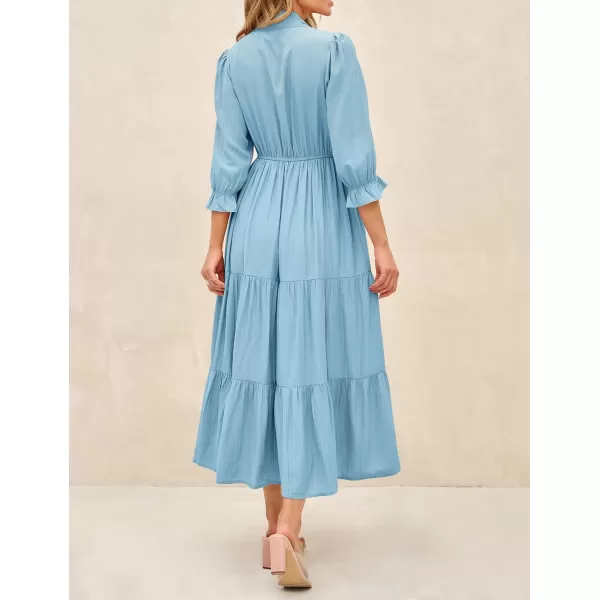imageZESICA Womens Casual Half Sleeve Tie V Neck Elastic High Waist Solid Color Flowy Tiered A Line Beach Party Maxi DressLightblue