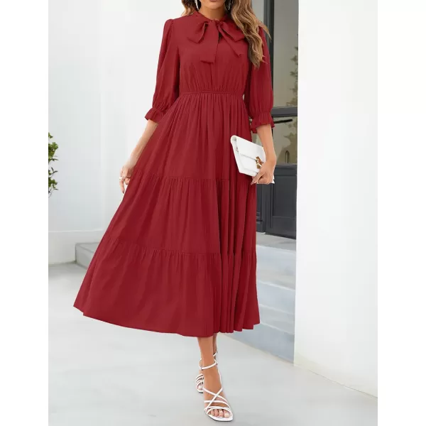 imageZESICA Womens Casual Half Sleeve Tie V Neck Elastic High Waist Solid Color Flowy Tiered A Line Beach Party Maxi DressRed