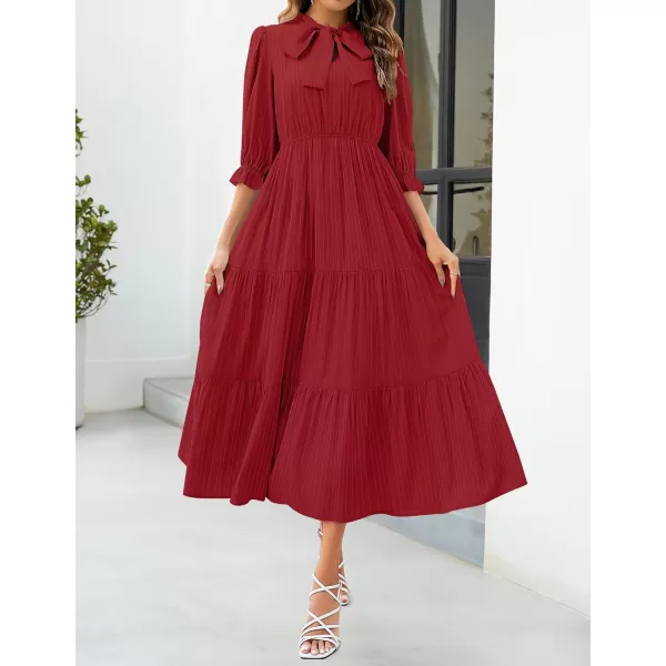 imageZESICA Womens Casual Half Sleeve Tie V Neck Elastic High Waist Solid Color Flowy Tiered A Line Beach Party Maxi DressRed