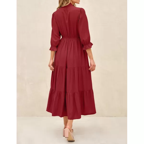 imageZESICA Womens Casual Half Sleeve Tie V Neck Elastic High Waist Solid Color Flowy Tiered A Line Beach Party Maxi DressRed