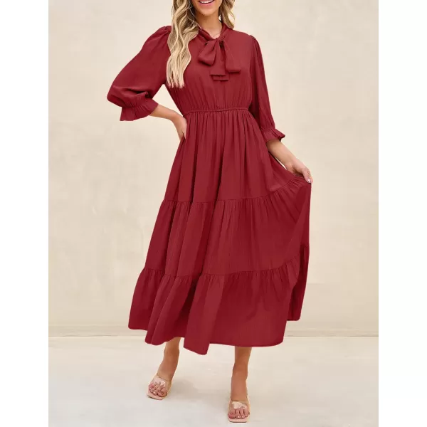 imageZESICA Womens Casual Half Sleeve Tie V Neck Elastic High Waist Solid Color Flowy Tiered A Line Beach Party Maxi DressRed