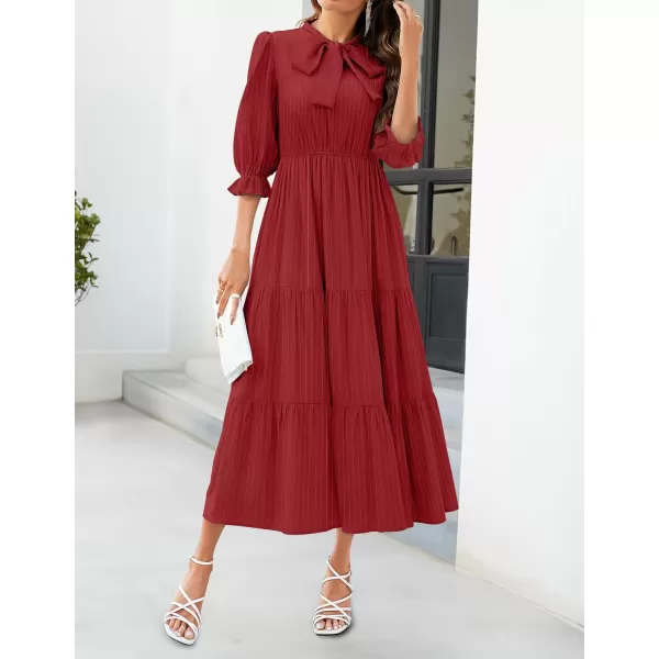 imageZESICA Womens Casual Half Sleeve Tie V Neck Elastic High Waist Solid Color Flowy Tiered A Line Beach Party Maxi DressRed