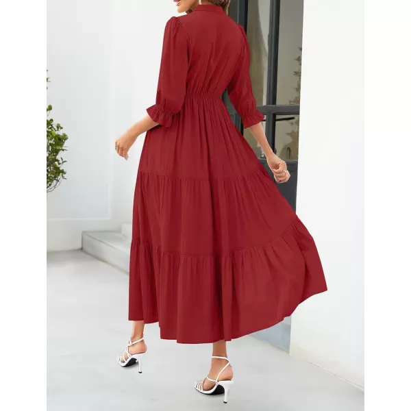 imageZESICA Womens Casual Half Sleeve Tie V Neck Elastic High Waist Solid Color Flowy Tiered A Line Beach Party Maxi DressRed