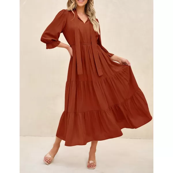 imageZESICA Womens Casual Half Sleeve Tie V Neck Elastic High Waist Solid Color Flowy Tiered A Line Beach Party Maxi DressRust