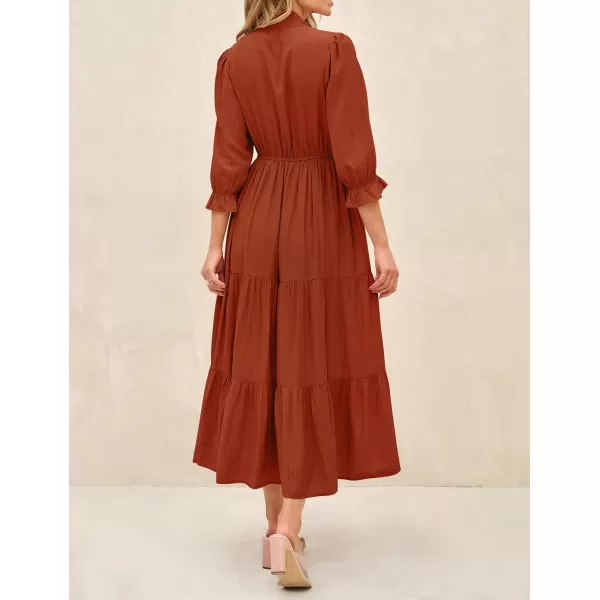 imageZESICA Womens Casual Half Sleeve Tie V Neck Elastic High Waist Solid Color Flowy Tiered A Line Beach Party Maxi DressRust