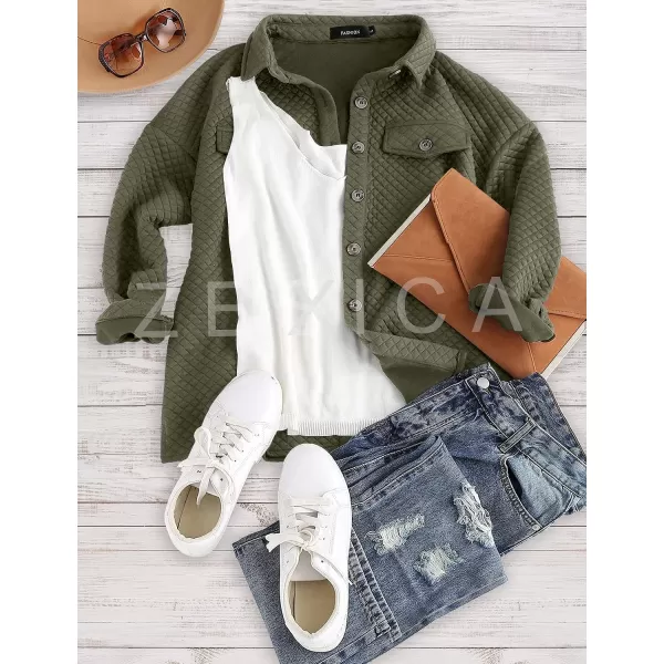 imageZESICA Womens Casual Long Sleeve Button Down Loose Lightweight Shacket Shirt Jacket Coat Outerwear with PocketsArmygreen
