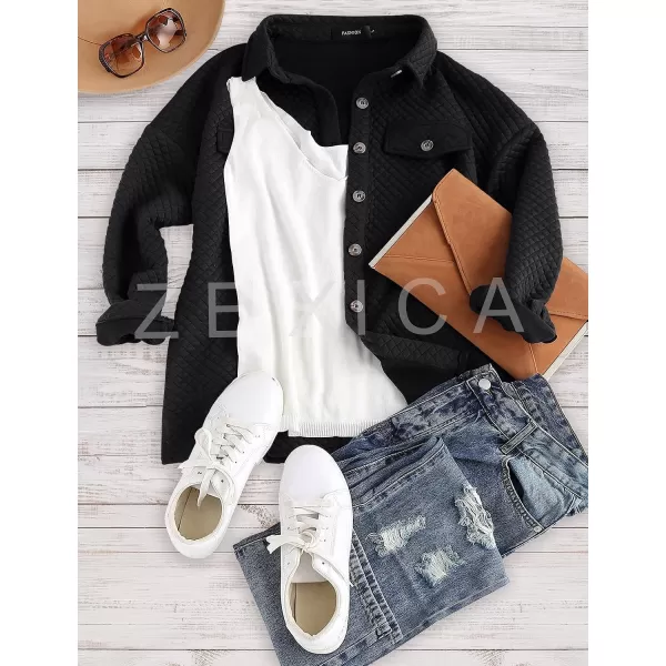 imageZESICA Womens Casual Long Sleeve Button Down Loose Lightweight Shacket Shirt Jacket Coat Outerwear with PocketsBlack