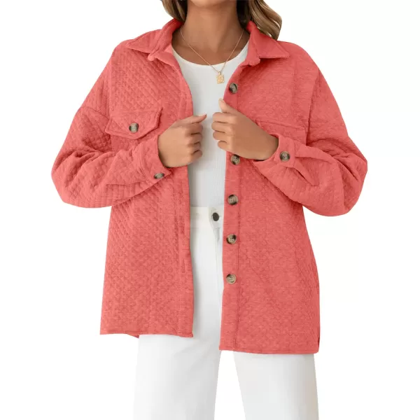imageZESICA Womens Casual Long Sleeve Button Down Loose Lightweight Shacket Shirt Jacket Coat Outerwear with PocketsCoral
