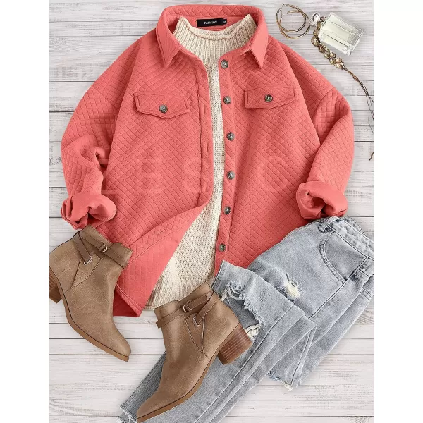imageZESICA Womens Casual Long Sleeve Button Down Loose Lightweight Shacket Shirt Jacket Coat Outerwear with PocketsCoral