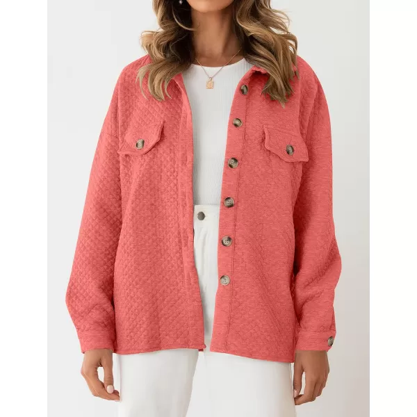 imageZESICA Womens Casual Long Sleeve Button Down Loose Lightweight Shacket Shirt Jacket Coat Outerwear with PocketsCoral