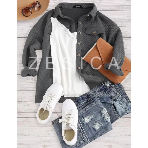 imageZESICA Womens Casual Long Sleeve Button Down Loose Lightweight Shacket Shirt Jacket Coat Outerwear with PocketsDarkgrey