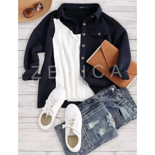 imageZESICA Womens Casual Long Sleeve Button Down Loose Lightweight Shacket Shirt Jacket Coat Outerwear with PocketsNavy