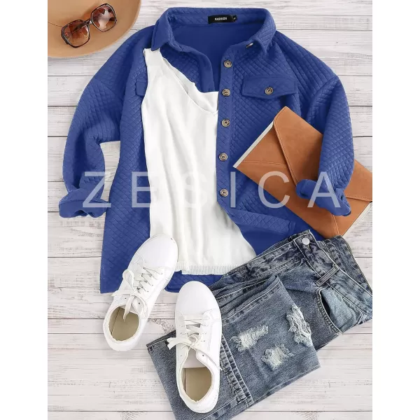 imageZESICA Womens Casual Long Sleeve Button Down Loose Lightweight Shacket Shirt Jacket Coat Outerwear with PocketsRoyalblue