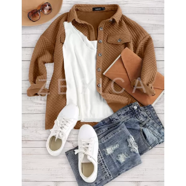 imageZESICA Womens Casual Long Sleeve Button Down Loose Lightweight Shacket Shirt Jacket Coat Outerwear with PocketsTan