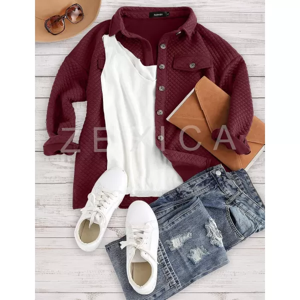 imageZESICA Womens Casual Long Sleeve Button Down Loose Lightweight Shacket Shirt Jacket Coat Outerwear with PocketsWine
