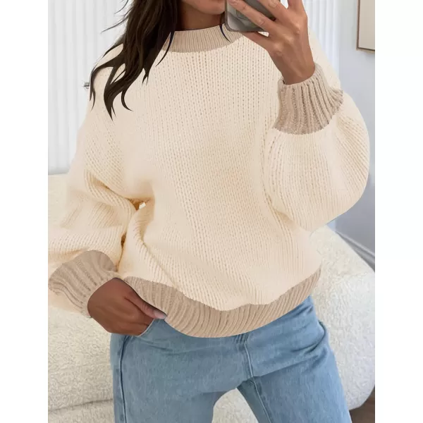 imageZESICA Womens Casual Long Sleeve Crew Neck Pullover 2023 Fall Ribbed Knit Loose Contrast Color Sweater TopsApricot