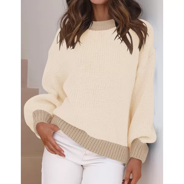 imageZESICA Womens Casual Long Sleeve Crew Neck Pullover 2023 Fall Ribbed Knit Loose Contrast Color Sweater TopsApricot