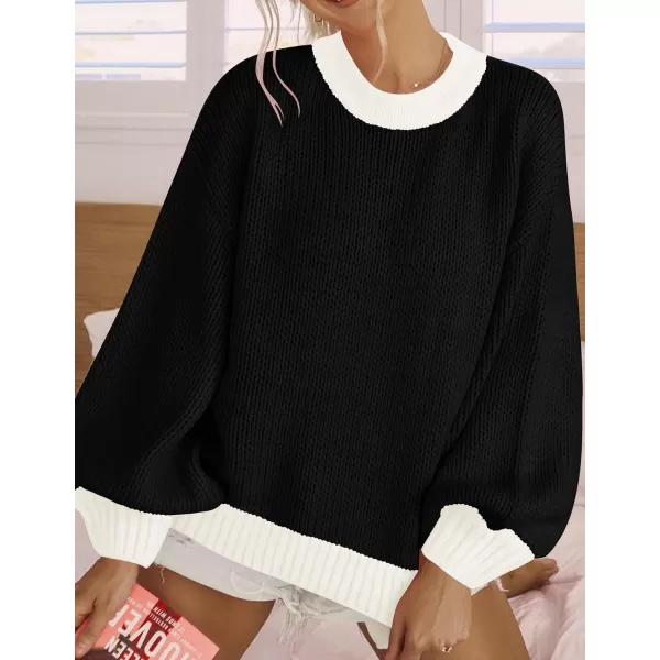 imageZESICA Womens Casual Long Sleeve Crew Neck Pullover 2023 Fall Ribbed Knit Loose Contrast Color Sweater TopsBlack