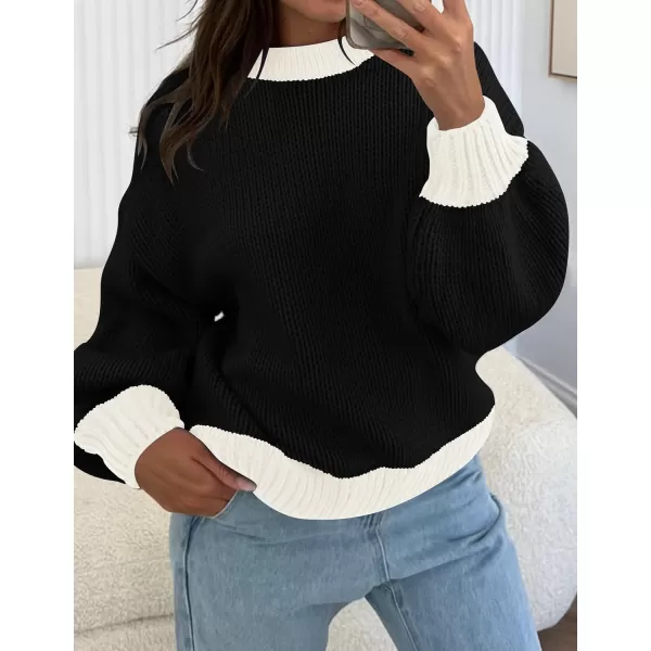 imageZESICA Womens Casual Long Sleeve Crew Neck Pullover 2023 Fall Ribbed Knit Loose Contrast Color Sweater TopsBlack