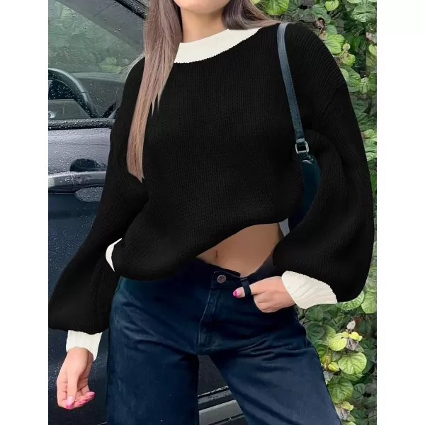 imageZESICA Womens Casual Long Sleeve Crew Neck Pullover 2023 Fall Ribbed Knit Loose Contrast Color Sweater TopsBlack