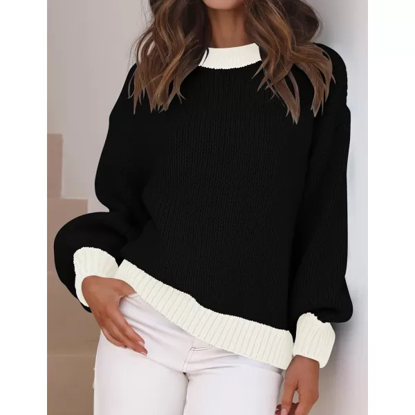 imageZESICA Womens Casual Long Sleeve Crew Neck Pullover 2023 Fall Ribbed Knit Loose Contrast Color Sweater TopsBlack