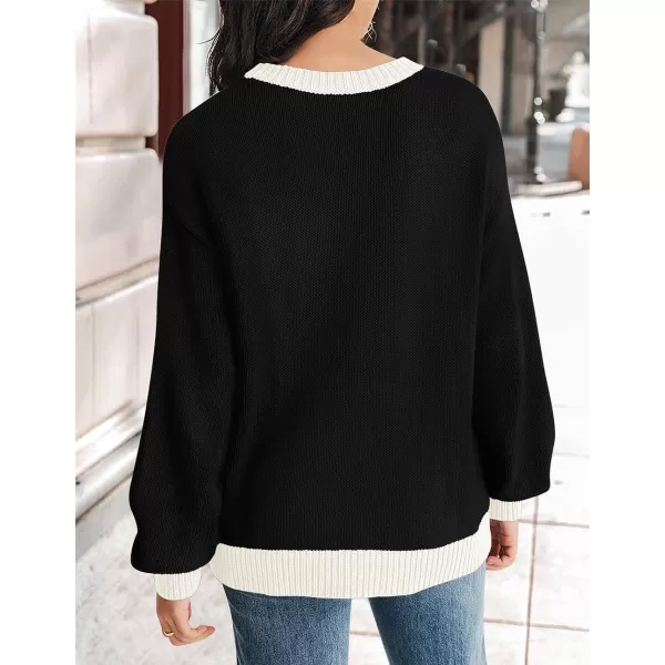 imageZESICA Womens Casual Long Sleeve Crew Neck Pullover 2023 Fall Ribbed Knit Loose Contrast Color Sweater TopsBlack