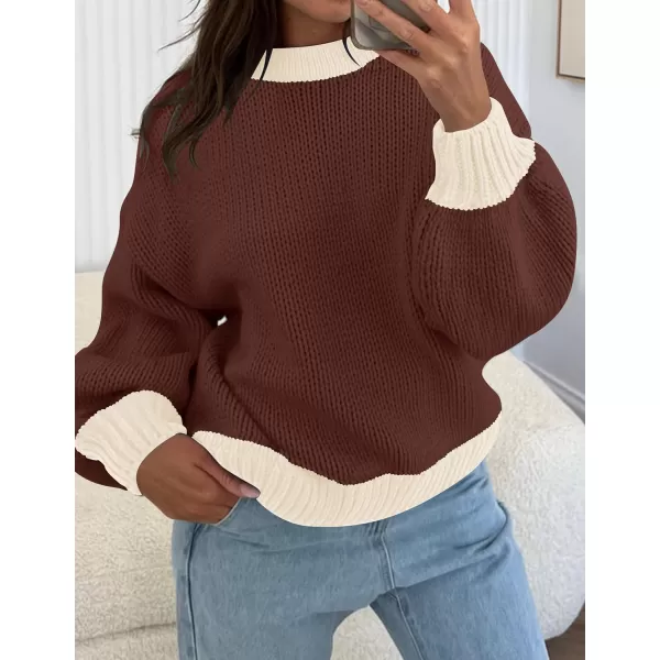 imageZESICA Womens Casual Long Sleeve Crew Neck Pullover 2023 Fall Ribbed Knit Loose Contrast Color Sweater TopsCoffee