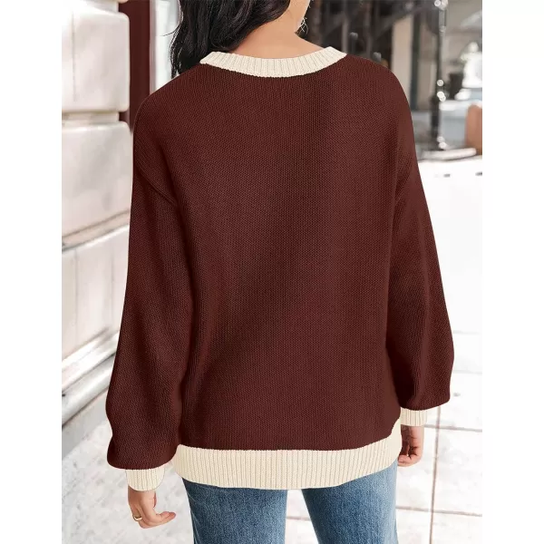 imageZESICA Womens Casual Long Sleeve Crew Neck Pullover 2023 Fall Ribbed Knit Loose Contrast Color Sweater TopsCoffee
