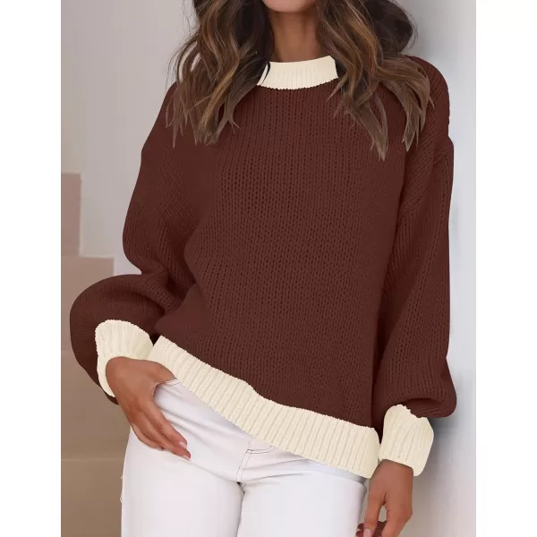 imageZESICA Womens Casual Long Sleeve Crew Neck Pullover 2023 Fall Ribbed Knit Loose Contrast Color Sweater TopsCoffee
