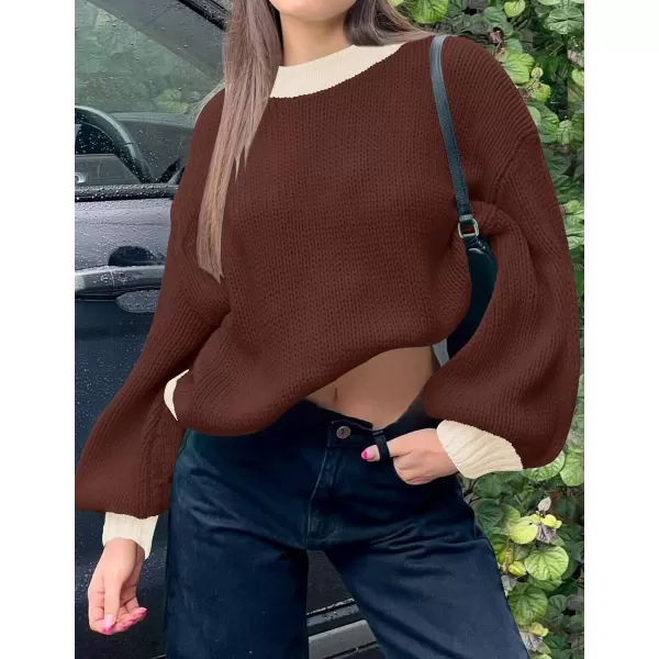 imageZESICA Womens Casual Long Sleeve Crew Neck Pullover 2023 Fall Ribbed Knit Loose Contrast Color Sweater TopsCoffee