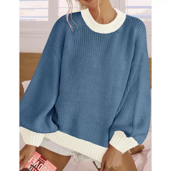 imageZESICA Womens Casual Long Sleeve Crew Neck Pullover 2023 Fall Ribbed Knit Loose Contrast Color Sweater TopsDustyblue
