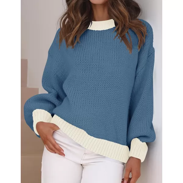 imageZESICA Womens Casual Long Sleeve Crew Neck Pullover 2023 Fall Ribbed Knit Loose Contrast Color Sweater TopsDustyblue