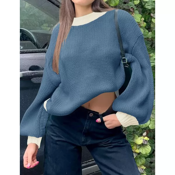 imageZESICA Womens Casual Long Sleeve Crew Neck Pullover 2023 Fall Ribbed Knit Loose Contrast Color Sweater TopsDustyblue