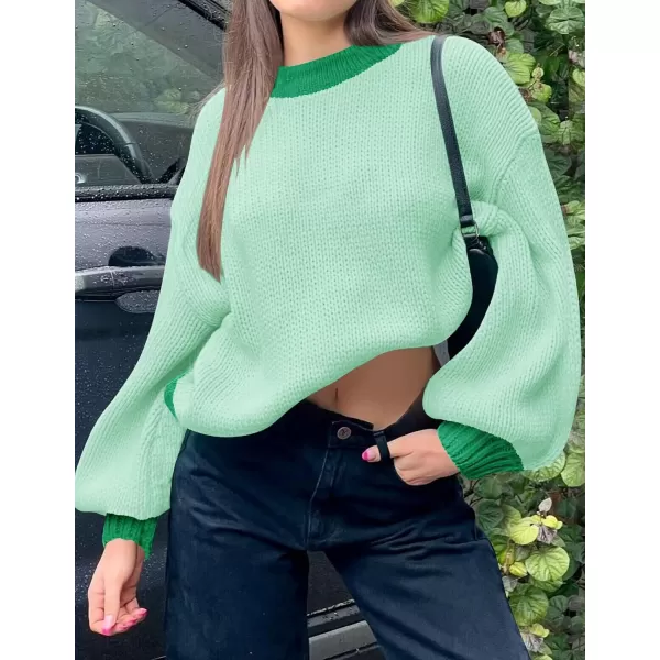 imageZESICA Womens Casual Long Sleeve Crew Neck Pullover 2023 Fall Ribbed Knit Loose Contrast Color Sweater TopsGreen