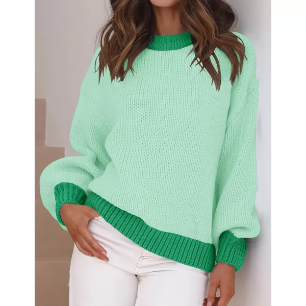imageZESICA Womens Casual Long Sleeve Crew Neck Pullover 2023 Fall Ribbed Knit Loose Contrast Color Sweater TopsGreen