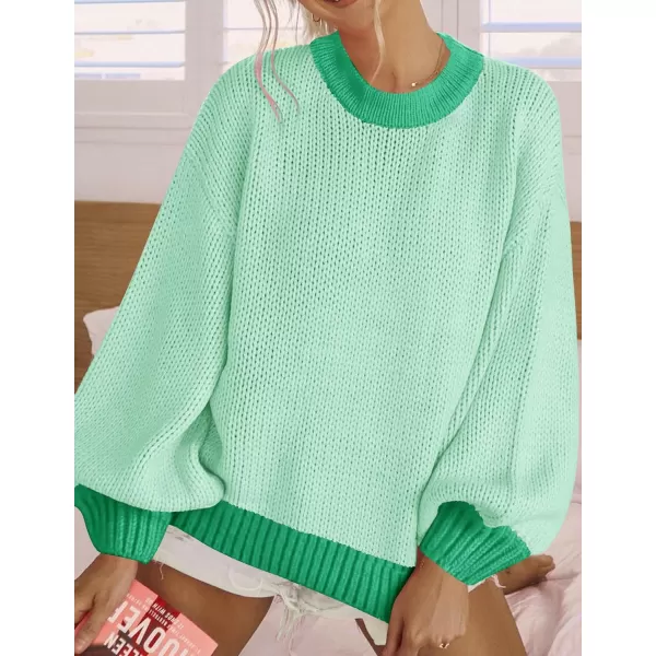 imageZESICA Womens Casual Long Sleeve Crew Neck Pullover 2023 Fall Ribbed Knit Loose Contrast Color Sweater TopsGreen