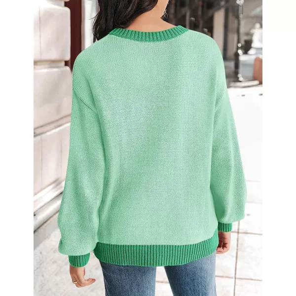 imageZESICA Womens Casual Long Sleeve Crew Neck Pullover 2023 Fall Ribbed Knit Loose Contrast Color Sweater TopsGreen