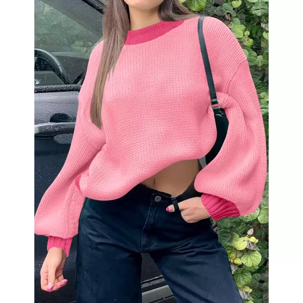 imageZESICA Womens Casual Long Sleeve Crew Neck Pullover 2023 Fall Ribbed Knit Loose Contrast Color Sweater TopsHotpink
