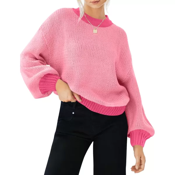 imageZESICA Womens Casual Long Sleeve Crew Neck Pullover 2023 Fall Ribbed Knit Loose Contrast Color Sweater TopsHotpink