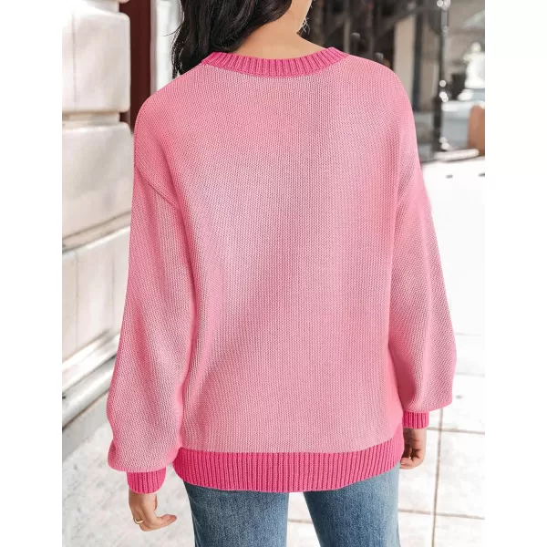 imageZESICA Womens Casual Long Sleeve Crew Neck Pullover 2023 Fall Ribbed Knit Loose Contrast Color Sweater TopsHotpink