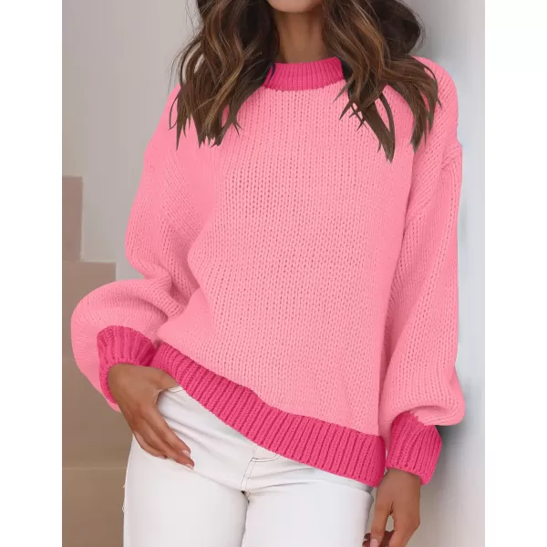 imageZESICA Womens Casual Long Sleeve Crew Neck Pullover 2023 Fall Ribbed Knit Loose Contrast Color Sweater TopsHotpink