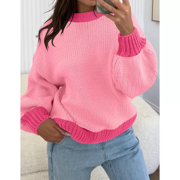 imageZESICA Womens Casual Long Sleeve Crew Neck Pullover 2023 Fall Ribbed Knit Loose Contrast Color Sweater TopsHotpink