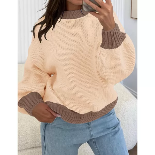 imageZESICA Womens Casual Long Sleeve Crew Neck Pullover 2023 Fall Ribbed Knit Loose Contrast Color Sweater TopsKhaki