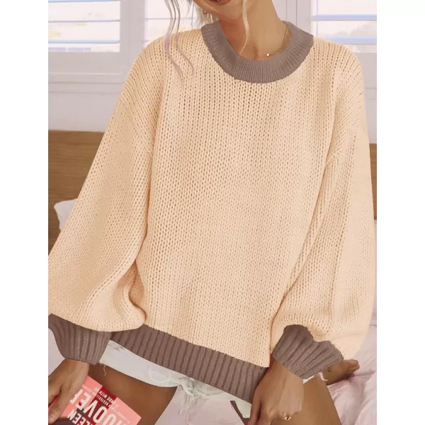 imageZESICA Womens Casual Long Sleeve Crew Neck Pullover 2023 Fall Ribbed Knit Loose Contrast Color Sweater TopsKhaki