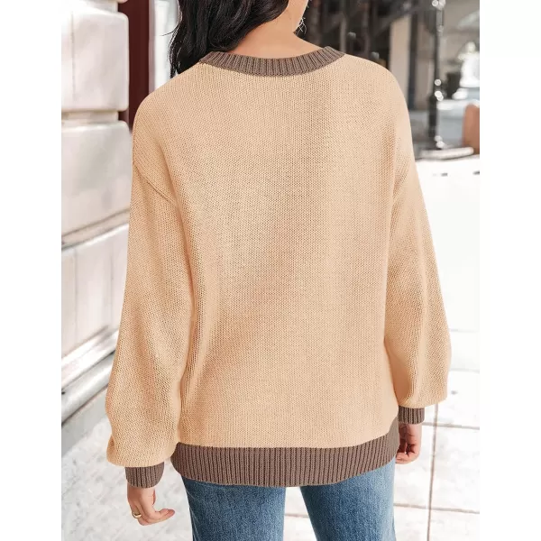 imageZESICA Womens Casual Long Sleeve Crew Neck Pullover 2023 Fall Ribbed Knit Loose Contrast Color Sweater TopsKhaki