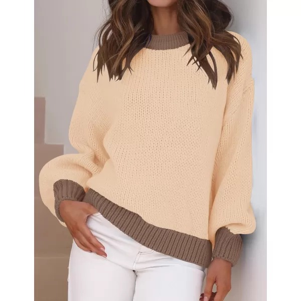 imageZESICA Womens Casual Long Sleeve Crew Neck Pullover 2023 Fall Ribbed Knit Loose Contrast Color Sweater TopsKhaki