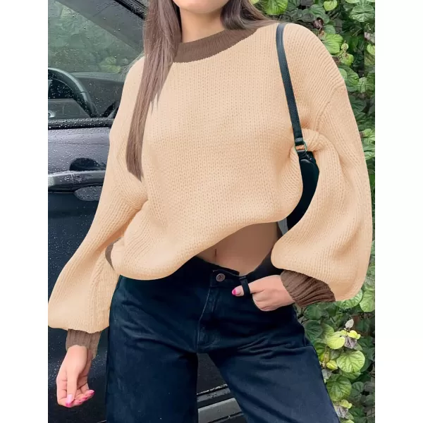 imageZESICA Womens Casual Long Sleeve Crew Neck Pullover 2023 Fall Ribbed Knit Loose Contrast Color Sweater TopsKhaki