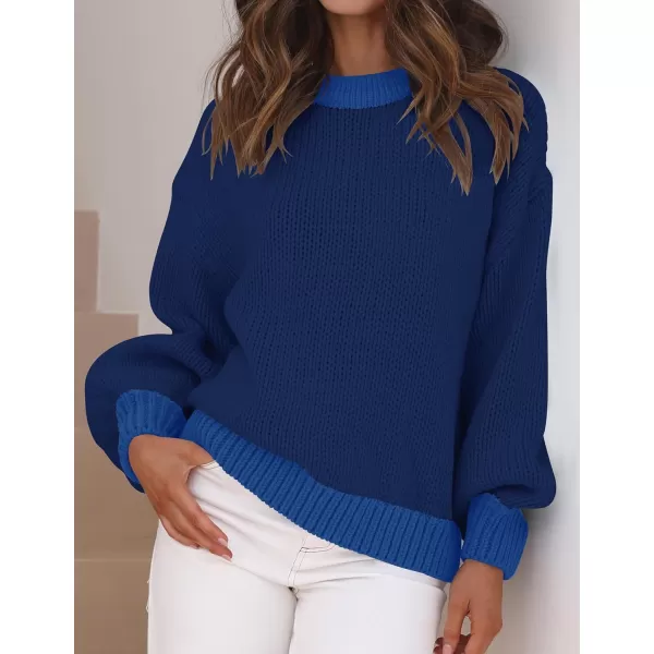 imageZESICA Womens Casual Long Sleeve Crew Neck Pullover 2023 Fall Ribbed Knit Loose Contrast Color Sweater TopsNavy
