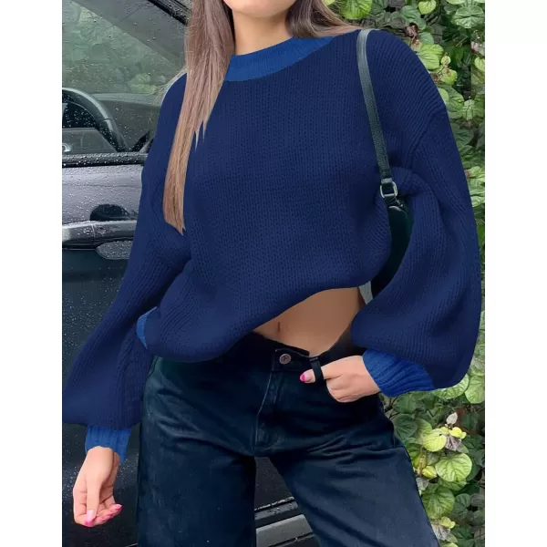 imageZESICA Womens Casual Long Sleeve Crew Neck Pullover 2023 Fall Ribbed Knit Loose Contrast Color Sweater TopsNavy