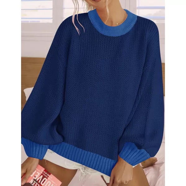 imageZESICA Womens Casual Long Sleeve Crew Neck Pullover 2023 Fall Ribbed Knit Loose Contrast Color Sweater TopsNavy